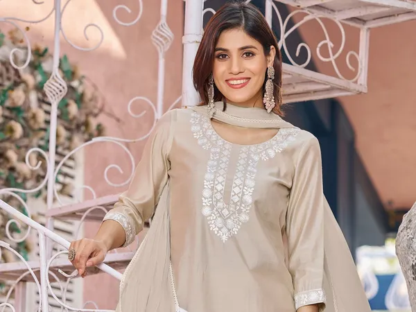 Beige_Pure_Silk_Straight_Calf_Length_Round_Neck_Kurta_Sets_For_Women