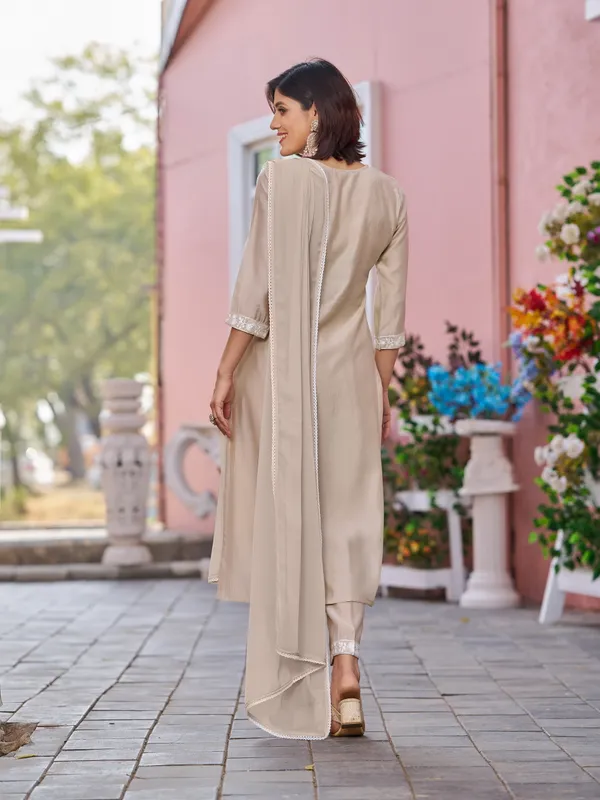Beige_Pure_Silk_Straight_Calf_Length_Round_Neck_Kurta_Sets_For_Women