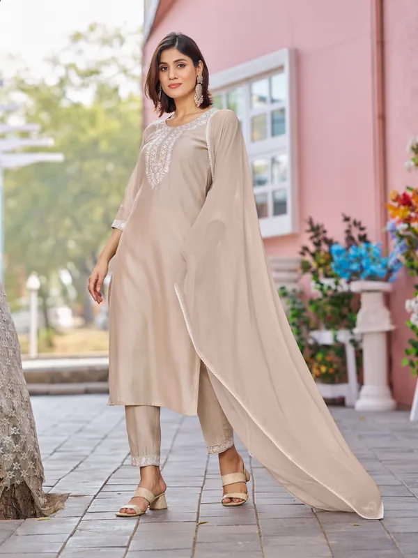 Beige_Pure_Silk_Straight_Calf_Length_Round_Neck_Kurta_Sets_For_Women