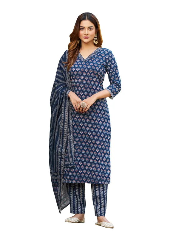 Navy_Blue_Pure_Cotton_Straight_Calf_Length_V-Neck_Kurta_Sets_For_Women