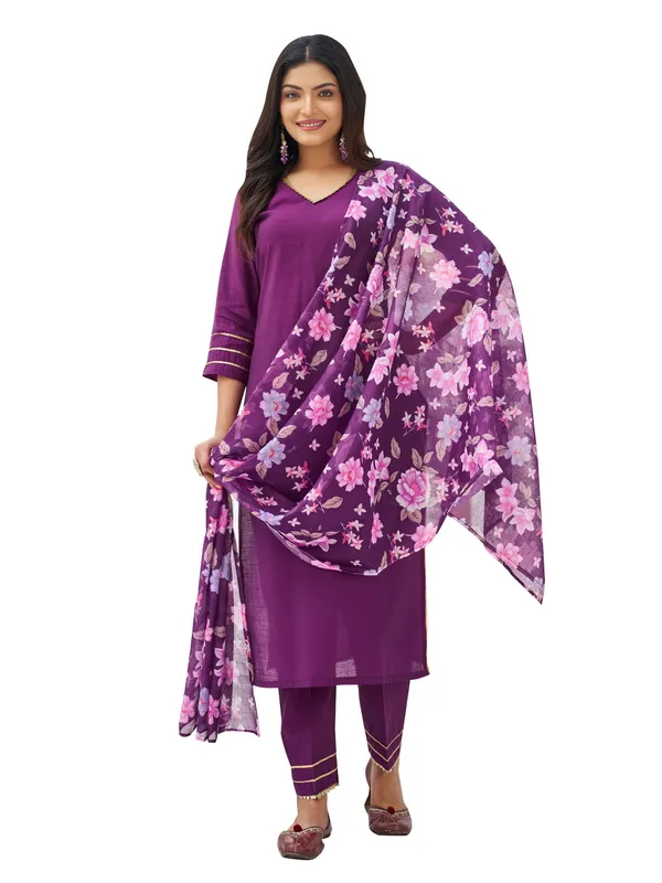 Purple_Pure_Silk_Straight_Calf_Length_V-Neck_Kurta_Sets_For_Women