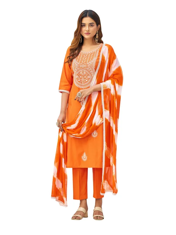 Orange_Pure_Silk_Straight_Calf_Length_Round_Neck_Kurta_Sets_For_Women