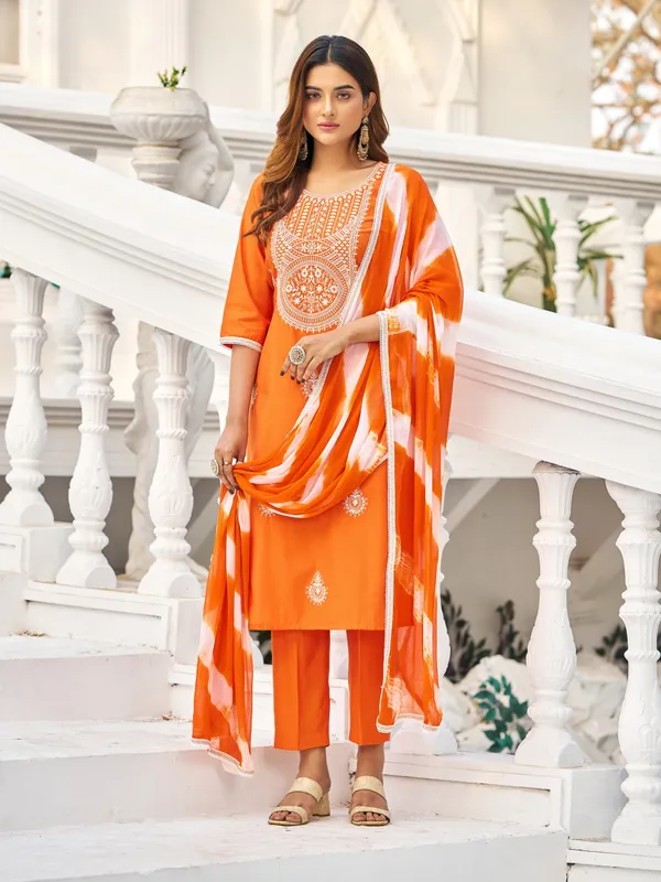 Orange_Pure_Silk_Straight_Calf_Length_Round_Neck_Kurta_Sets_For_Women