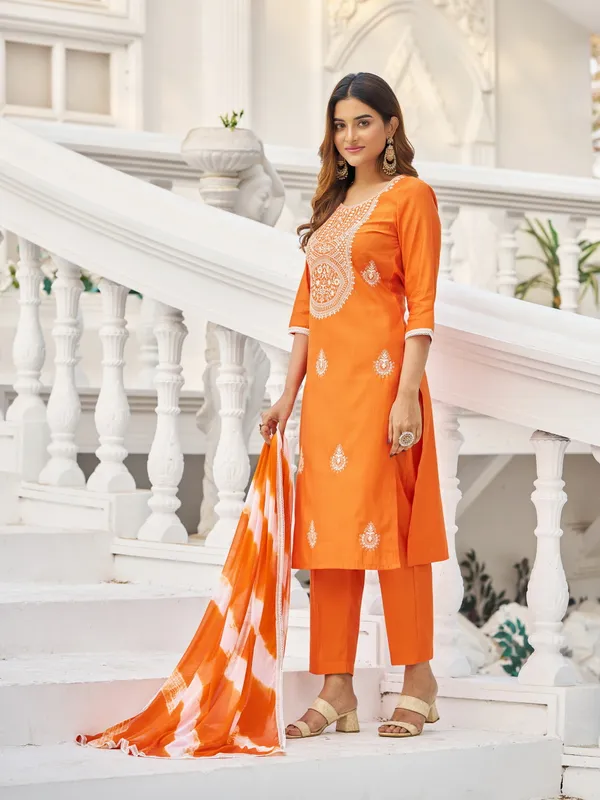 Orange_Pure_Silk_Straight_Calf_Length_Round_Neck_Kurta_Sets_For_Women