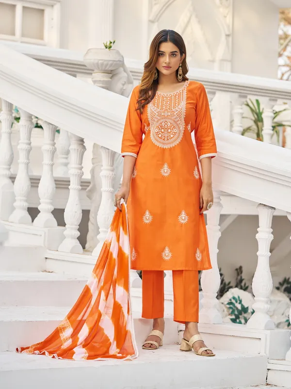 Orange_Pure_Silk_Straight_Calf_Length_Round_Neck_Kurta_Sets_For_Women