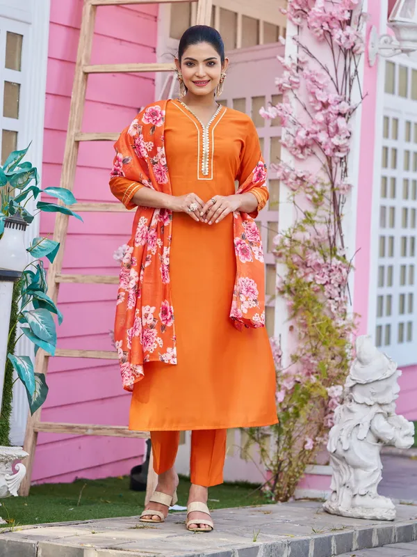 Orange_Pure_Silk_Straight_Calf_Length_V-Neck_Kurta_Sets_For_Women