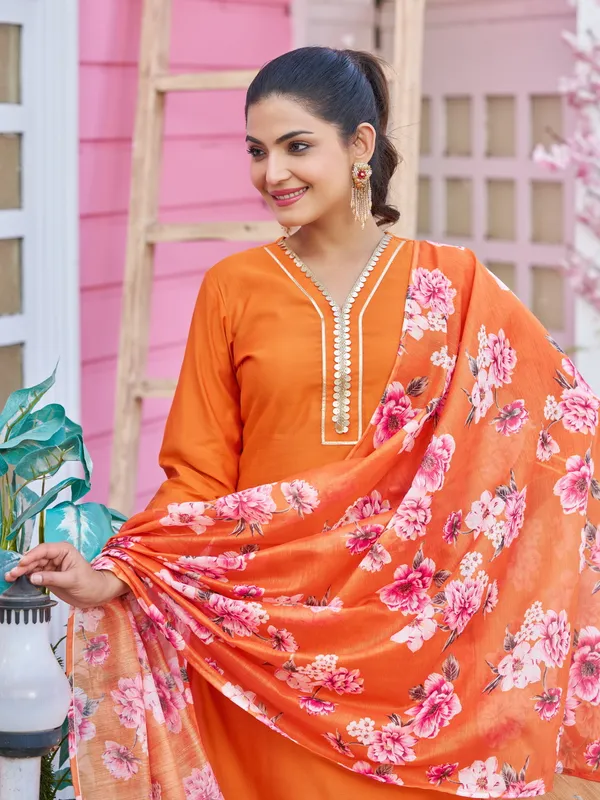 Orange_Pure_Silk_Straight_Calf_Length_V-Neck_Kurta_Sets_For_Women