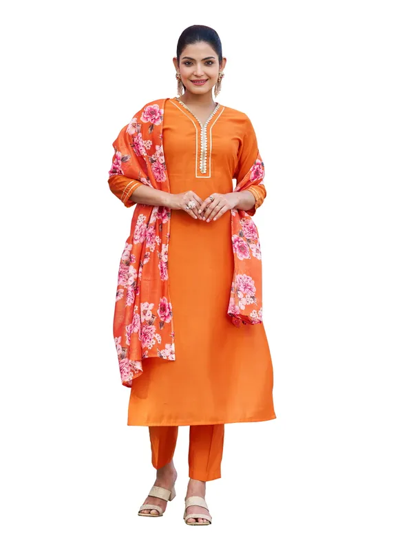 Orange_Pure_Silk_Straight_Calf_Length_V-Neck_Kurta_Sets_For_Women