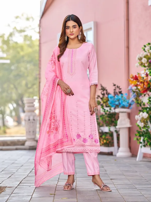 Pink_Pure_Silk_Straight_Calf_Length_Round_Neck_Kurta_Sets_For_Women