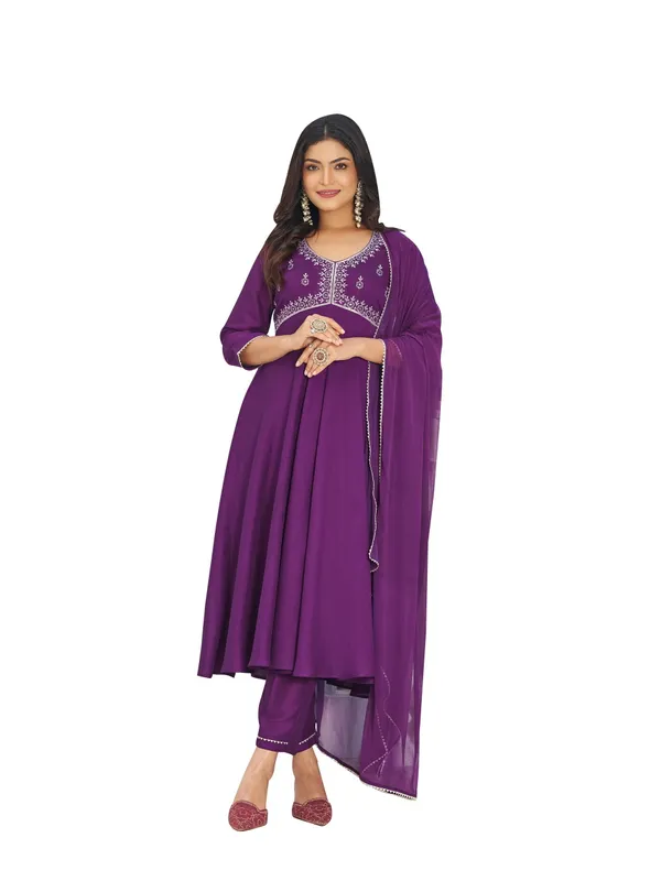 Purple_Georgette_Straight_Calf_Length_Round_Neck_Kurta_Sets_For_Women