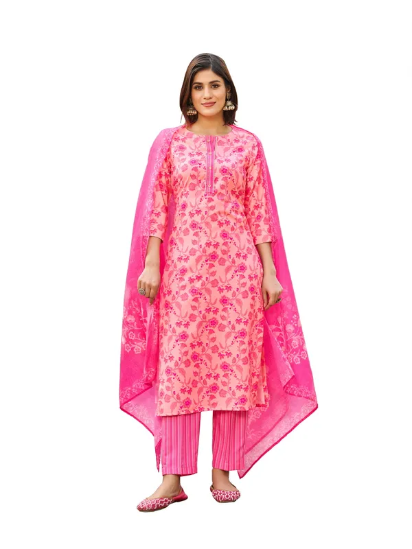 Peach_Viscose_Rayon_Straight_Calf_Length_Round_Neck_Kurta_Sets_For_Women