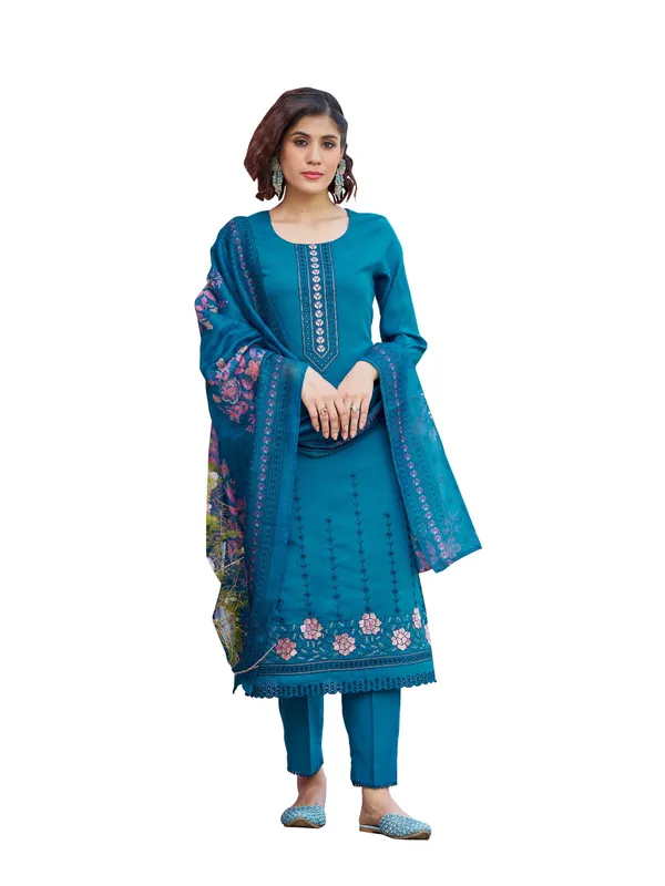 Blue_Pure_Silk_Straight_Calf_Length_Round_Neck_Kurta_Sets_For_Women