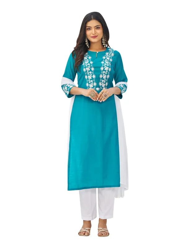 Teal_Pure_Silk_Straight_Calf_Length_Keyhole_Neck_Kurta_Sets_For_Women
