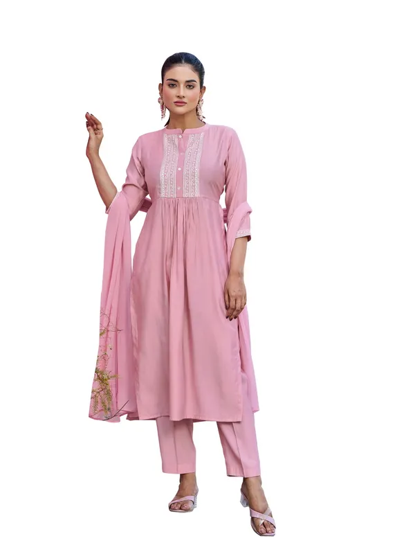 Pink_Pure_Silk_Straight_Calf_Length_Round_Neck_Kurta_Sets_For_Women