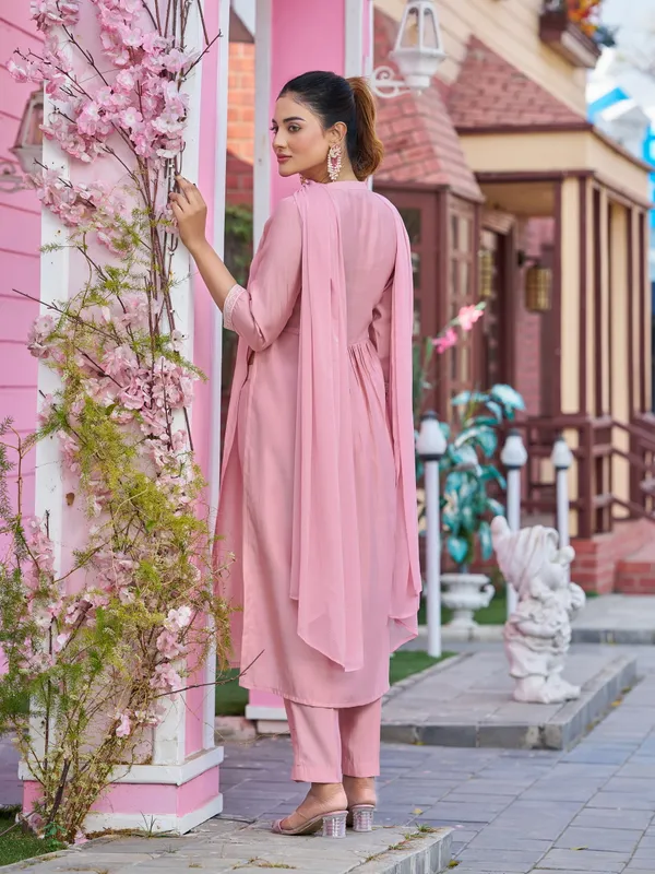 Pink_Pure_Silk_Straight_Calf_Length_Round_Neck_Kurta_Sets_For_Women