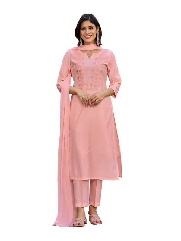 Peach_Pure_Silk_Straight_Calf_Length_Boat_Neck_Kurta_Sets_For_Women