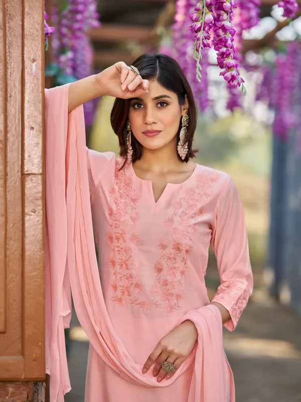 Peach_Pure_Silk_Straight_Calf_Length_Boat_Neck_Kurta_Sets_For_Women
