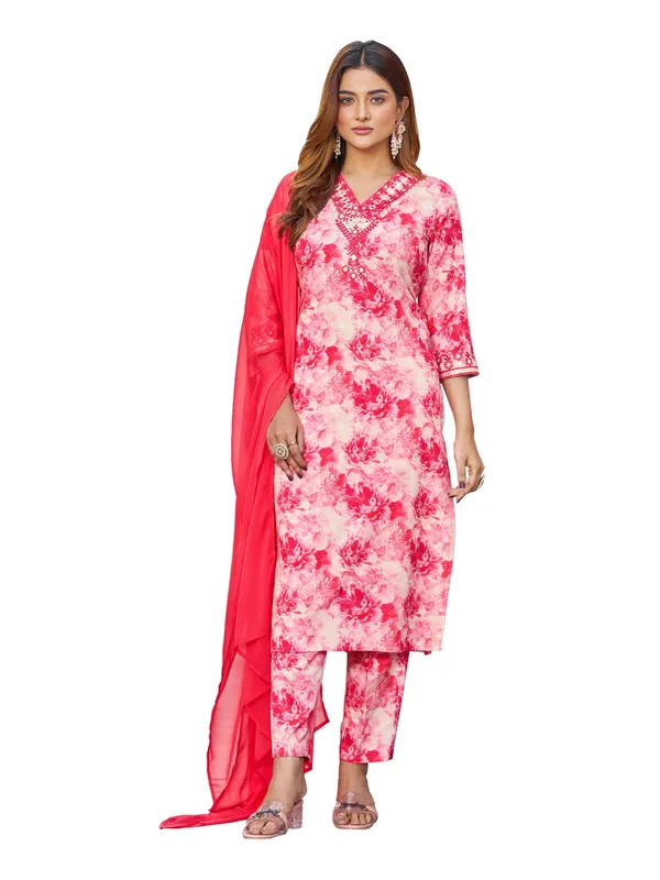 Peach_Viscose_Rayon_Straight_Calf_Length_V-Neck_Kurta_Sets_For_Women