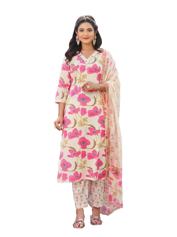 Cream_Pure_Cotton_Straight_Calf_Length_V-Neck_Kurta_Sets_For_Women