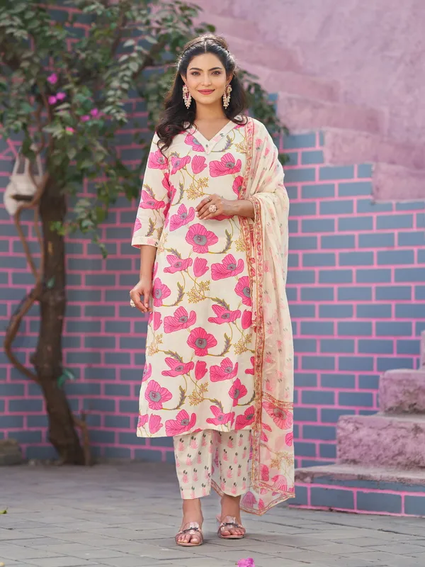 Cream_Pure_Cotton_Straight_Calf_Length_V-Neck_Kurta_Sets_For_Women