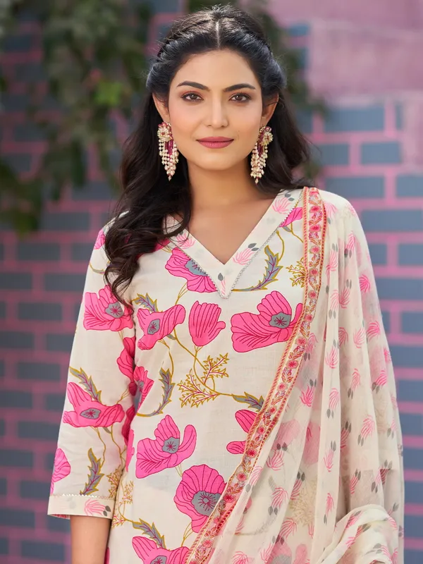 Cream_Pure_Cotton_Straight_Calf_Length_V-Neck_Kurta_Sets_For_Women