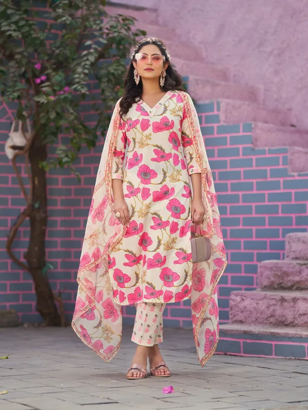 Cream_Pure_Cotton_Straight_Calf_Length_V-Neck_Kurta_Sets_For_Women