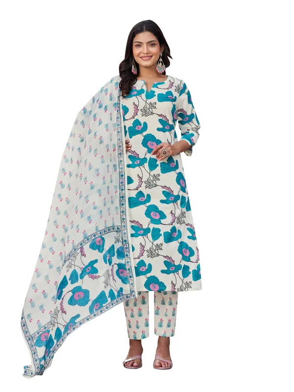 Cream_Pure_Cotton_Straight_Calf_Length_Boat_Neck_Kurta_Sets_For_Women