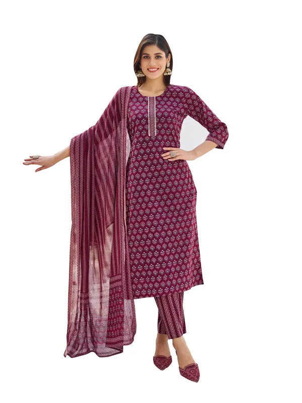Violet_Pure_Cotton_Straight_Calf_Length_Round_Neck_Kurta_Sets_For_Women