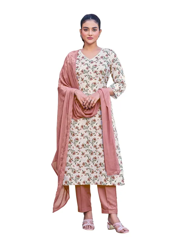 Beige_Viscose_Rayon_Straight_Calf_Length_V-Neck_Kurta_Sets_For_Women