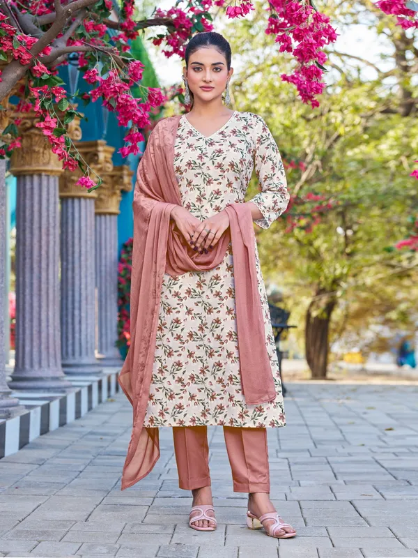Beige_Viscose_Rayon_Straight_Calf_Length_V-Neck_Kurta_Sets_For_Women