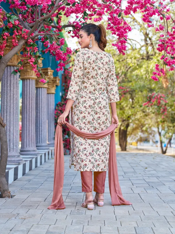Beige_Viscose_Rayon_Straight_Calf_Length_V-Neck_Kurta_Sets_For_Women