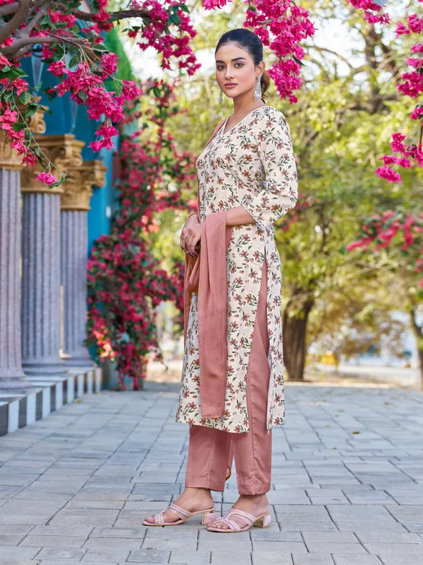 Beige_Viscose_Rayon_Straight_Calf_Length_V-Neck_Kurta_Sets_For_Women