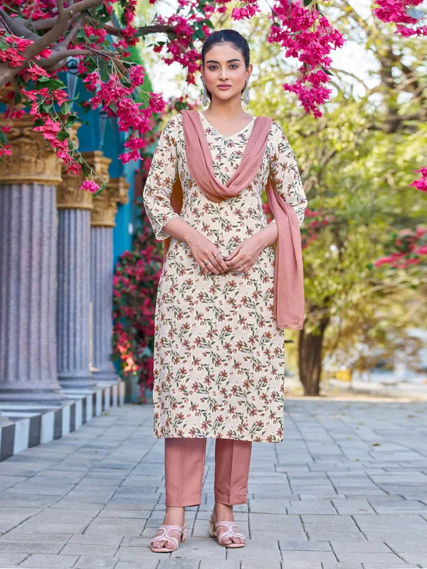 Beige_Viscose_Rayon_Straight_Calf_Length_V-Neck_Kurta_Sets_For_Women