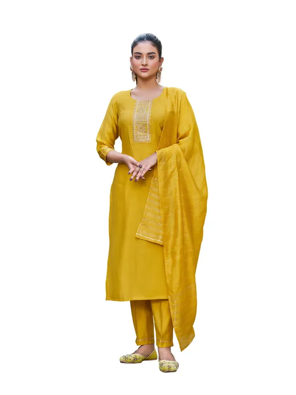 Mustard_Pure_Silk_Straight_Calf_Length_Round_Neck_Kurta_Sets_For_Women