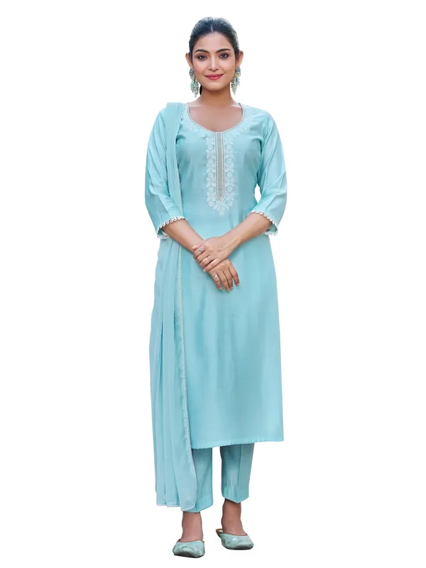Blue_Pure_Silk_Straight_Calf_Length_V-Neck_Kurta_Sets_For_Women