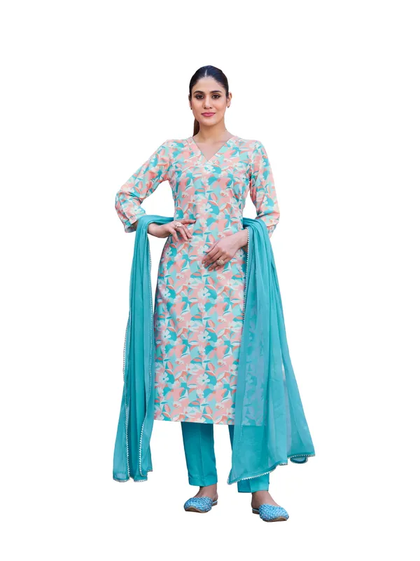 Blue_Viscose_Rayon_Straight_Calf_Length_V-Neck_Kurta_Sets_For_Women