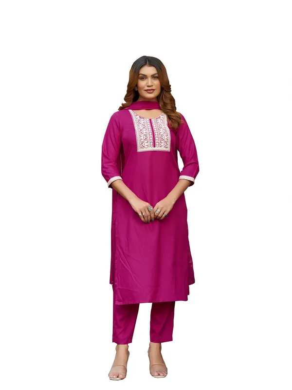 Pink_Viscose_Rayon_Straight_Calf_Length_Round_Neck_Kurta_Sets_For_Women