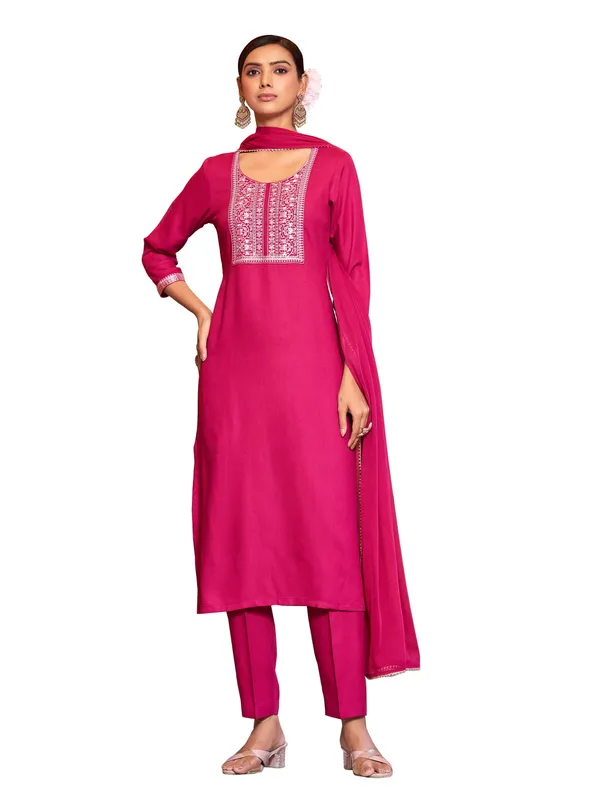 Pink_Viscose_Rayon_Straight_Calf_Length_Round_Neck_Kurta_Sets_For_Women