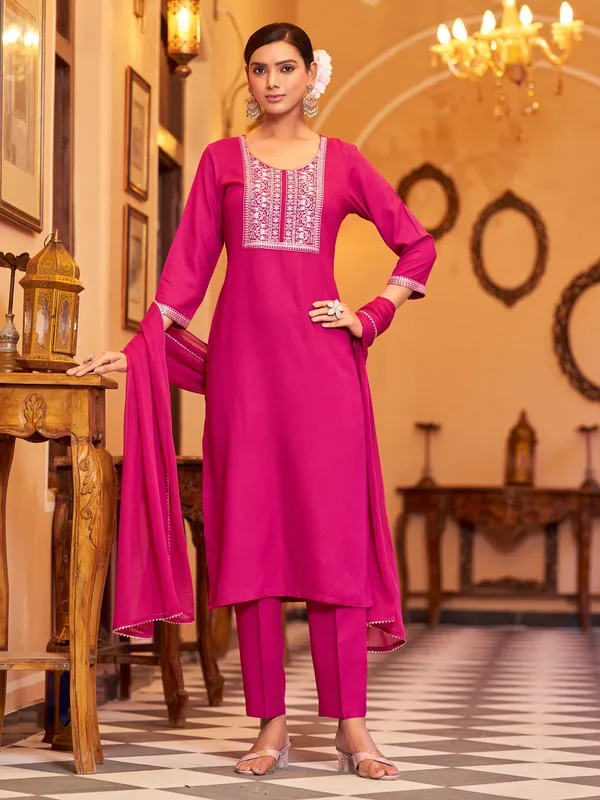Pink_Viscose_Rayon_Straight_Calf_Length_Round_Neck_Kurta_Sets_For_Women