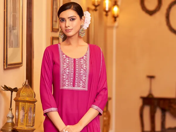 Pink_Viscose_Rayon_Straight_Calf_Length_Round_Neck_Kurta_Sets_For_Women