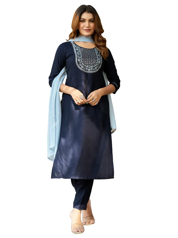 Navy_Blue_Viscose_Rayon_Straight_Calf_Length_Round_Neck_Kurta_Sets_For_Women