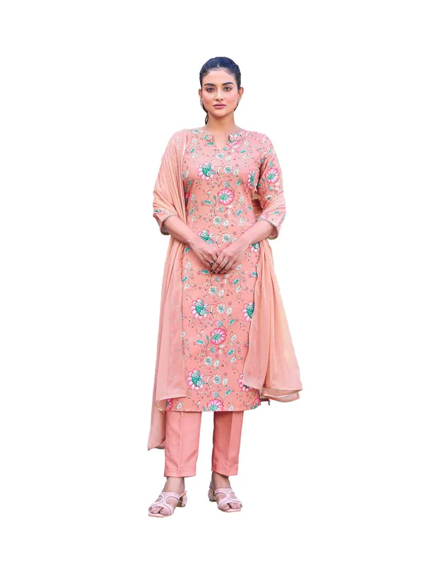 Peach_Viscose_Rayon_Straight_Calf_Length_Boat_Neck_Kurta_Sets_For_Women