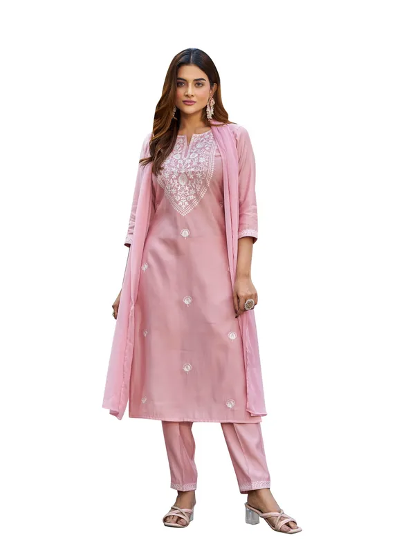 Pink_Pure_Silk_Straight_Calf_Length_Boat_Neck_Kurta_Sets_For_Women