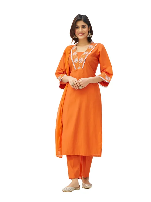 Orange_Pure_Silk_Straight_Calf_Length_V-Neck_Kurta_Sets_For_Women