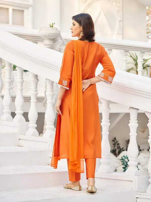 Orange_Pure_Silk_Straight_Calf_Length_V-Neck_Kurta_Sets_For_Women