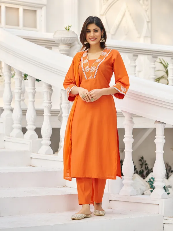 Orange_Pure_Silk_Straight_Calf_Length_V-Neck_Kurta_Sets_For_Women