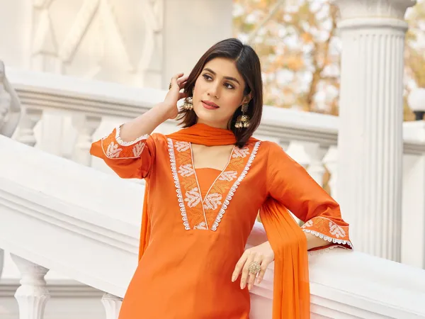 Orange_Pure_Silk_Straight_Calf_Length_V-Neck_Kurta_Sets_For_Women