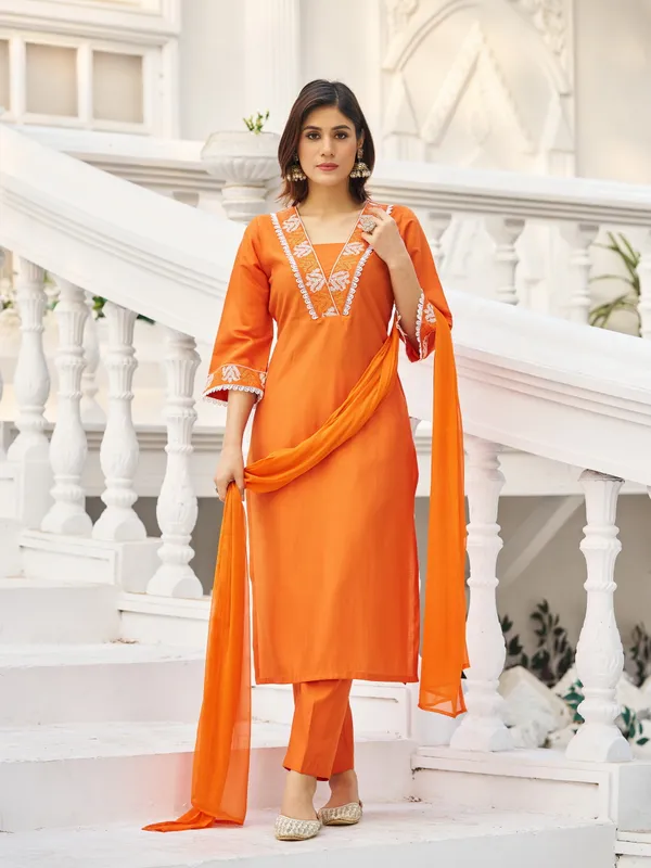 Orange_Pure_Silk_Straight_Calf_Length_V-Neck_Kurta_Sets_For_Women