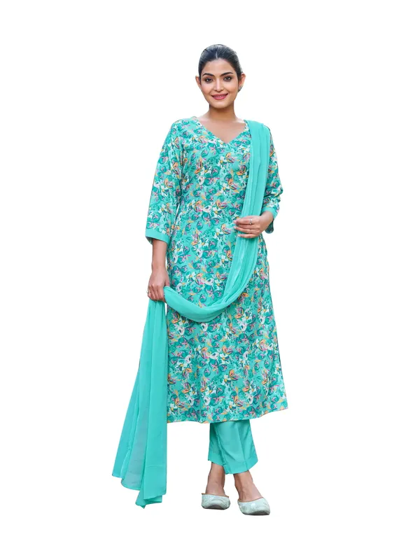 Teal_Viscose_Rayon_Straight_Calf_Length_V-Neck_Kurta_Sets_For_Women