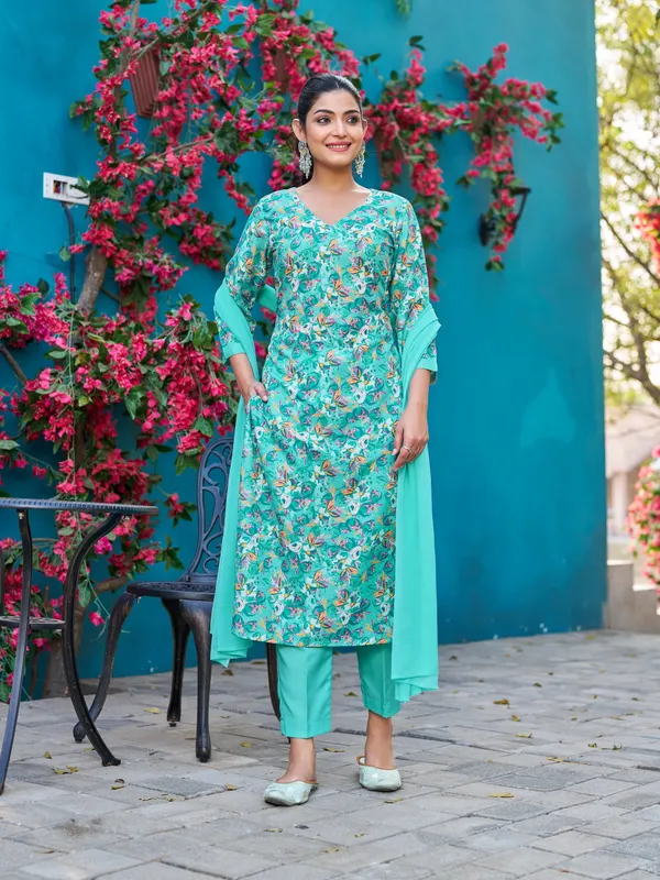 Teal_Viscose_Rayon_Straight_Calf_Length_V-Neck_Kurta_Sets_For_Women